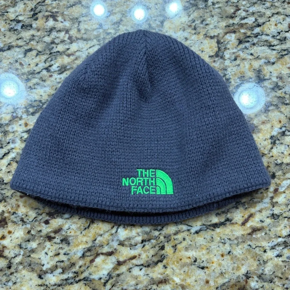 The North Face Boy Bones Beanie Grey Lime Green Logo Knit Fleece Lined Hat M
